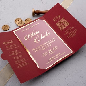 Acrylic Wedding Invitation with QR Code Rsvp and Details, Burgundy Acrylic Invite, Folded Wedding Invitation, Gate Fold and Gold Foil Invite