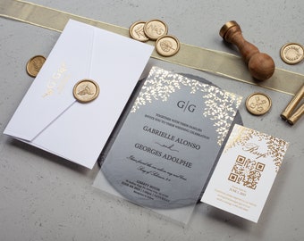 White and Gold Invitation with Leaves, Acrylic Wedding Invitation, White Wedding Invites, Gold Foil Leaves, Elegant Wedding Invitation Set