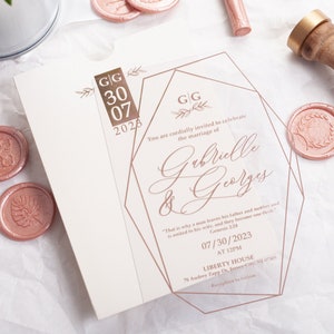 Ivory and Rose Gold Acrylic Invitation, Custom Monogram, Personalized Wedding Invite, Minimal See Through Reception Card