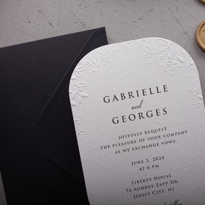 Elegant Wedding Invitation with Embossed Leaves and Black Envelope, Minimal Rustic Embossed Invite