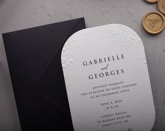 Elegant Wedding Invitation with Embossed Leaves and Black Envelope, Minimal Rustic Embossed Invite