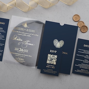 Clear Acrylic Wedding Invitation with Gold Foil | Navy Blue Sleeve Envelope | Luxury Modern Wedding Invites | Custom Elegant Design