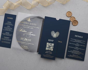 Acrylic Wedding Invitation, Navy Blue and Gold Foil with Sleeve