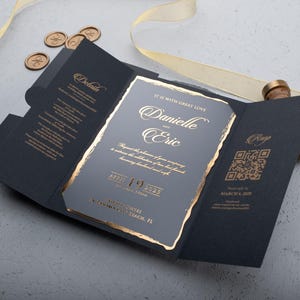 Elegant Acrylic Wedding Invitation with QR Code RSVP | Black & Gold Gate Fold Design | Custom Folded Acrylic Invites with Foil Details