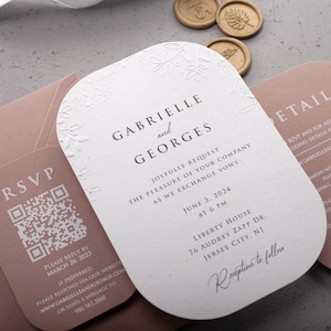 Minimal Wedding Invitation with Embossed Leaves and Brown Envelope, Minimal Rustic Embossed Invite
