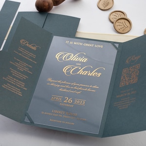 Dark Green Acrylic Wedding Invitations with QR Code | Emerald Green Gate Fold Invitation | Acrylic Wedding Invites & RSVP Details