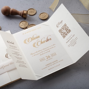 Acrylic Wedding Invitation with QR Code RSVP, Ivory Gate Fold Jacket with Gold Foil Details – All in One Folded Acrylic Invite