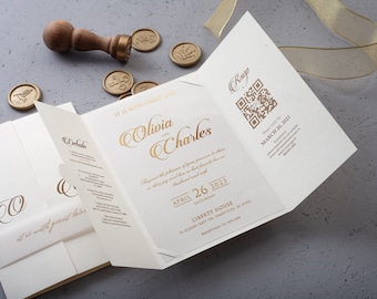 Gold Foil Acrylic Wedding Invitation: Ivory Gate Fold, QR Code RSVP