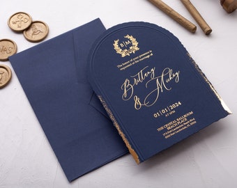 Deckled Edge Wedding Invitation, Arch Shaped Navy Blue and Gold Wedding Invitation, Gold Foil Wedding Invite, Arched Wedding Invitation Card