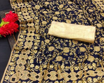 Designer Black Heavy Resham Ceramic Stone Embroidery Sari Net Wedding Wear Saree 