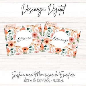 Puede incluir: Descarga digital de páginas de diario con motivos florales. Las páginas presentan un diseño de acuarela con flores naranjas y rosas, hojas verdes y las palabras "Diario" y "Domingo". También está presente el texto "Descarga Digital" y "Sistema para Memorizar la Escritura".