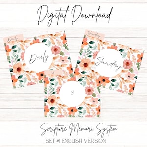 Puede incluir: Descarga digital de un Sistema de Memoria de las Escrituras, Conjunto #1 Versión en inglés. El diseño presenta patrones florales en melocotón, naranja y verde. Las tarjetas están etiquetadas como "Daily" y "Sunday" con una tarjeta en blanco.