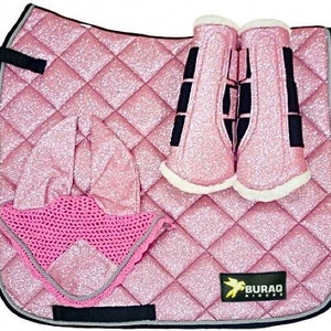 Sparkly Saddle Pad Sets; Stylish Glittery Equestrian English Saddle Pads for Horse with Matchy Ear Bonnet Brushing boots