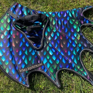 Purple Dragon Scale Satin Saddle Pad; Handmade Dragon Scales Wing Saddle Pad for Horse with Matching Ear Bonnet with Horns & Brushing boots