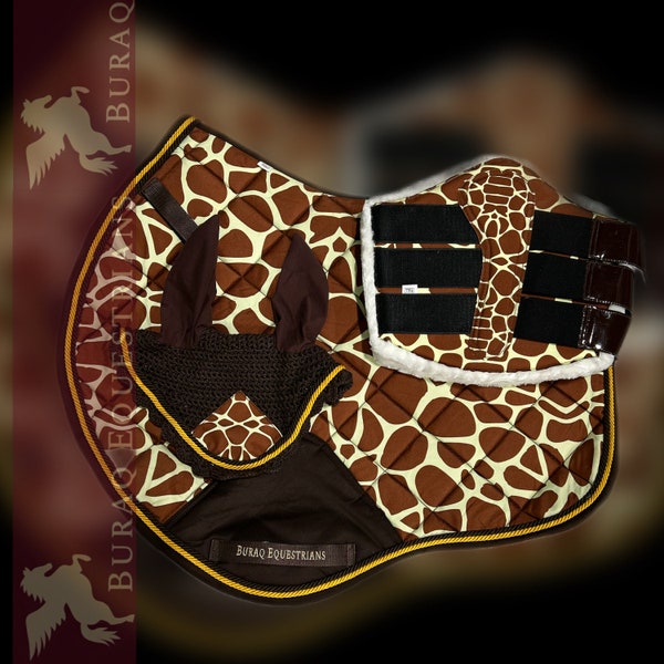 Animals Themed Saddle Pad Sets; Cow Giraffe Zebra Bat print English Saddle Pads with Matchy Ear Bonnet n boots for Horses & Mini Shetlands