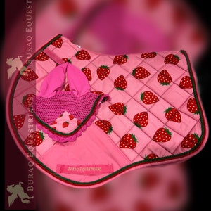 Fruits Theme Saddle Pad Sets; Stylish Strawberry Equestrian English Saddle Pads for Horse with Matchy Ear Bonnet Brushing boots