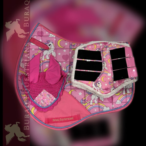 Unicorn Saddle Pad Sets in Pink; Unicorn Equestrian English Saddle Pads with Matchy Ear Bonnet Brushing boots for Horses & Mini Shetlands