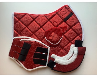 Glittery Saddle Pad & Saddle Pad Sets; Stylish Equestrian English Saddle Pads for Horse with Matchy Ear Bonnet Brushing boots