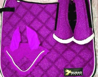 Sparkly Saddle Pad Sets; Stylish Glittery Equestrian English Saddle Pads for Horse with Matchy Ear Bonnet Brushing boots