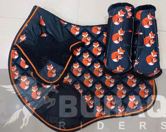 Mama and Baby Fox Print Saddle Pad Set; Navy Blue Matching Set with Ear Bonnets and Brushing Boots in Dressage, Jump& All purpose Shape