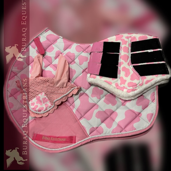 Animals Themed Saddle Pad Sets; Pink Cow Giraffe Zebra Bat print English Saddle Pads with Matchy Ear Bonnet n boots for Horses & Minis