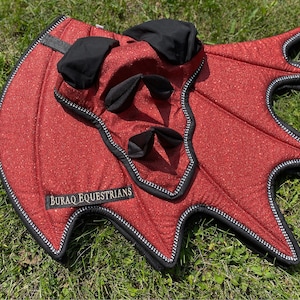 Sparkly Saddle Pad; Handmade Dragon Wing Glittery English Saddle Pads for Horse with Matching Ear Bonnet with Horns & Brushing boots