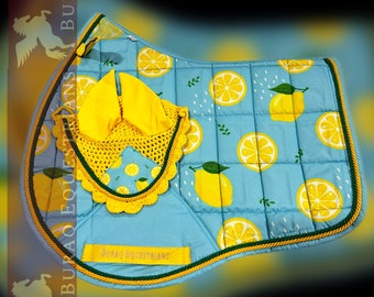 Fruits Theme Jump Saddle Pad Sets; Cute Lemons Watermelon  Equestrian English Saddle Pads for Horse with Matching Ear Bonnet Brushing boots