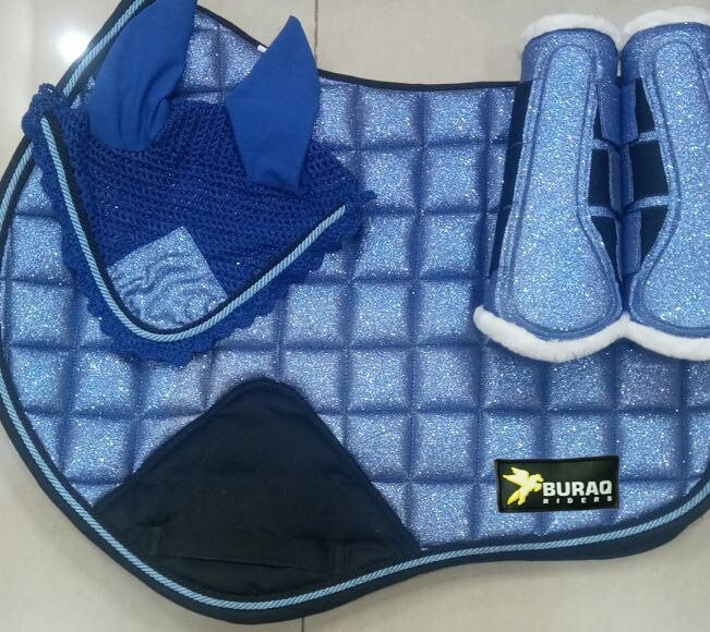 Horse English Saddle Pad Set Color Matching Ear Net/Bell & Brushing Boots