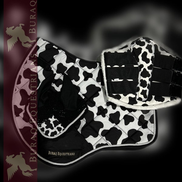 Animals Themed Saddle Pad Sets; Cow Giraffe Zebra Bat print English Saddle Pads with Matchy Ear Bonnet n boots for Horses & Mini Shetlands