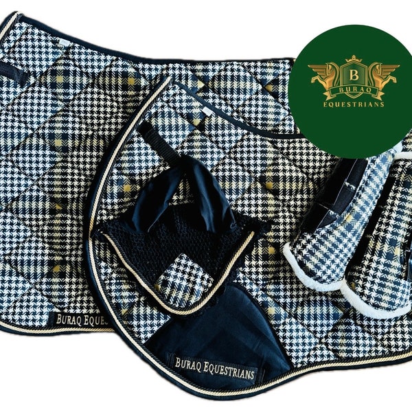 Holiday and Christmas Special; Handmade plaid Saddle pad sets; Saddle Pad for Horse with Matching Ear Bonnet & Brushing boots Dressage Jump