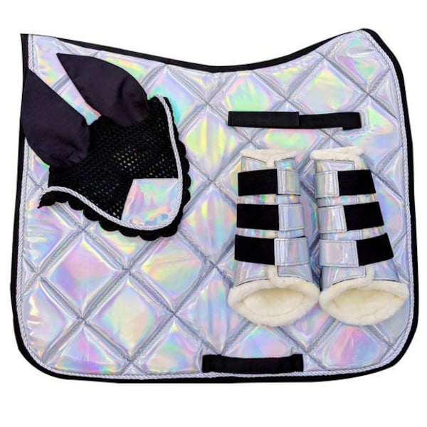 Saddle Pad Set |  Holographic all purpose Metallic multi Color Matching Saddle Pads/ Brushing Boots/ Ear Bonnet for Horse