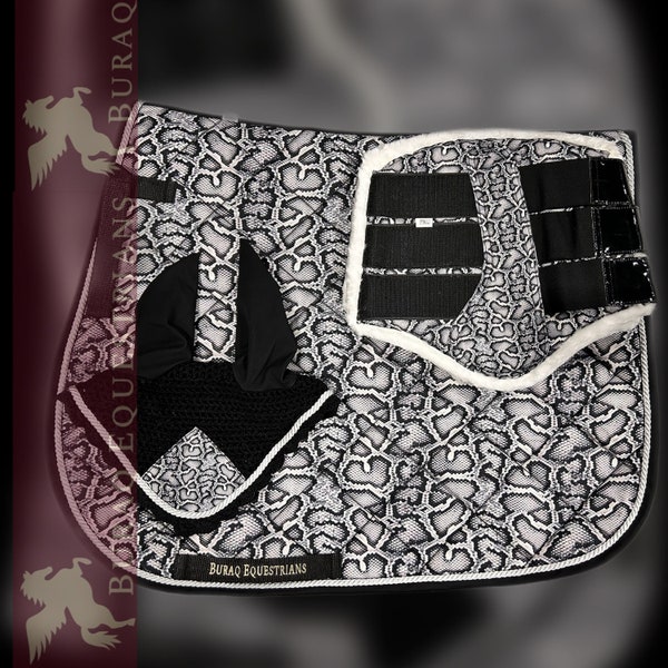 Animals Themed Snake Saddle Pad Set; Cow Giraffe Zebra Bat  English Saddle Pads with Matchy Ear Bonnet n boots for Horses & Mini Shetlands