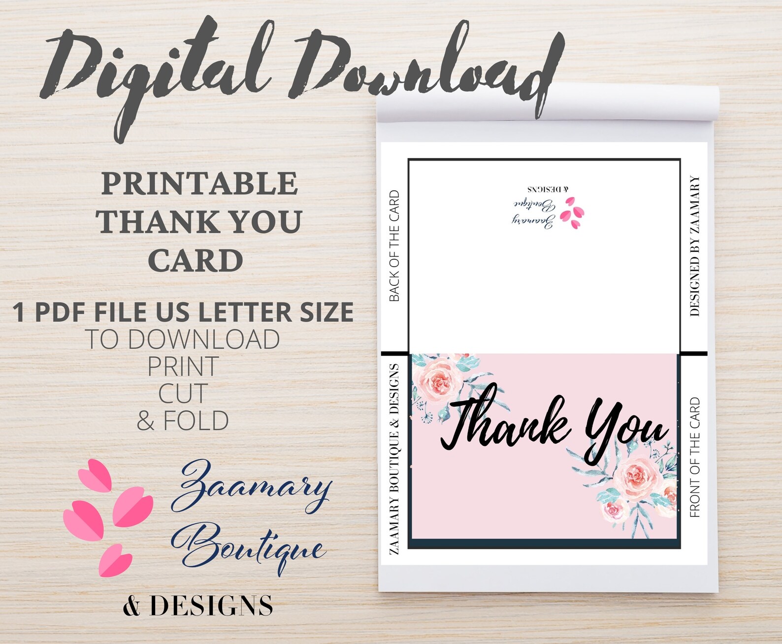 Printable Thank You Card-instant Download 7x5 Inch Card-thank You ...