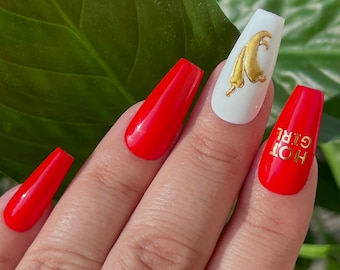 Red Nails Spicy | Hot Nails | Party Nails | Fake Nails | gold nails | Nails set | Press On Nails Coffin