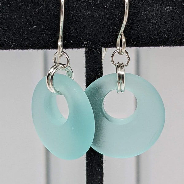 Light Aqua Sea Glass Hoops, Recycled Glass Earrings, Donut Shape Earring, Glass Hoop Earrings, Light Green Earrings, Light Blue Earrings