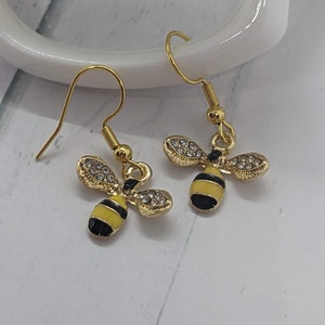 Rhinestone Bees, Bee Earrings, Bumblebee Earrings, Bug Jewelry, Black and Yellow Earrings, Gold Jewelry, Honeybee Earrings, Gift for Anyone