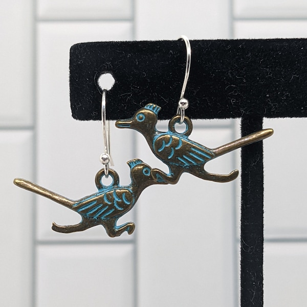 Roadrunner Earrings, Desert Jewelry, Bird Earring, Arizona Bird Earring, Turquoise Colored Jewelry, Bronze Jewelry, Southwest Jewelry