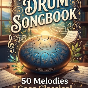 May include: A digital music collection cover featuring a blue and gold steel tongue drum. The cover reads "Tongue Drum Songbook" and "50 Melodies Goes Classical." Includes musical notes and the text "Digital Edition."