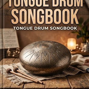 May include: A tongue drum songbook with the title "TONGUE DRUM SONGBOOK" in large, bold letters. The image features a silver tongue drum, two drum mallets, and the text "100 SONGS FOR EASY TONGUE DRUM". The background is a wooden surface.