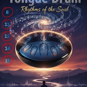 May include: An image promoting a Tongue Drum, featuring the text "50 Songs" and "Rhythms of the Soul." The drum is centered, with a celestial background and musical notes. The text at the bottom reads "For Meditation, Mantras, Autogenic Training."