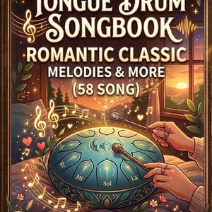 Puede incluir: Ilustración de la portada de un cancionero de tongue drum. El título es "Tongue Drum Songbook" y "Romantic Classic Melodies & More (58 Song)". Un tongue drum turquesa se toca con mazos, rodeado de notas musicales y motivos florales.