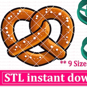 Puede incluir: Ilustración de un pretzel con un diseño marrón y blanco, junto a cortadores de galletas verdes con forma de pretzel. La imagen incluye el texto "STL instant download" y "9 tamaños incluidos".