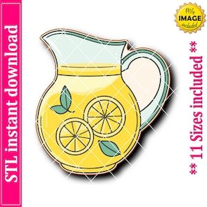 May include: A cartoon illustration of a yellow lemonade jug with lemon slices and green leaves. The jug is filled with yellow liquid and has a light blue handle and rim. Text on the left says "STL instant download" and text on the right says "11 Sizes included".