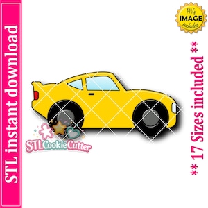May include: A yellow sports car cookie cutter design featuring a side profile view with black wheels, light blue windows, and a small rear spoiler. The graphic includes the text STL instant download, 17 Sizes included, and STLCookieCutter.