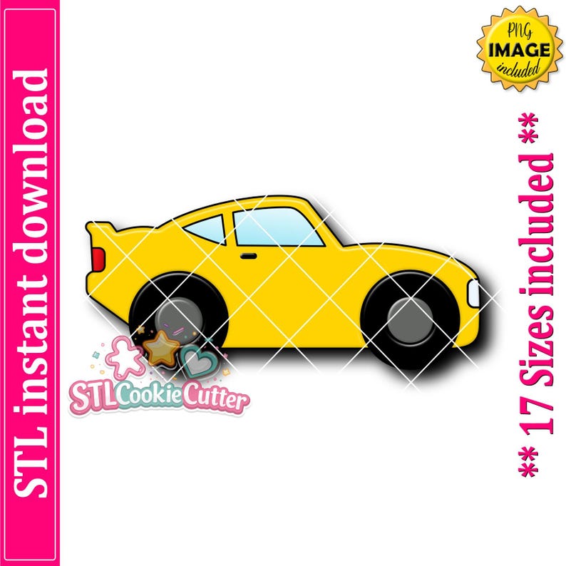 May include: A yellow sports car cookie cutter design featuring a side profile view with black wheels, light blue windows, and a small rear spoiler. The graphic includes the text STL instant download, 17 Sizes included, and STLCookieCutter.
