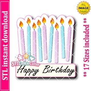 Puede incluir: Un gráfico digital que muestra nueve velas de cumpleaños altas y delgadas con llamas encendidas, alternando entre patrones de puntos azul claro y rosa. Debajo de las velas, una pancarta rectangular muestra el texto negro Happy Birthday.