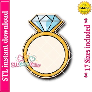 May include: A gold-colored ring-shaped cookie cutter with a light blue diamond topper. The design features a central circular opening and a faceted diamond shape at the top. Text on the image includes STL instant download, PNG image included, and 17 Sizes included.