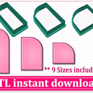 Może przedstawiać: Dziewięć różnych rozmiarów plików STL do druku 3D w kształcie zaokrąglonego prostokąta. Obraz pokazuje trzy różne rozmiary kształtu w zielonym plastiku i trzy różne rozmiary kształtu w różowym plastiku. **9 rozmiarów w zestawie**
