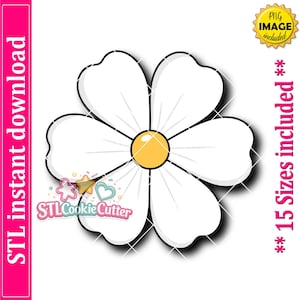 May include: A white daisy flower design with a yellow center and black outlines. The image includes the text "STL instant download" on the left and "15 Sizes included" on the right. A small logo for "STL Cookie Cutter" is at the bottom.