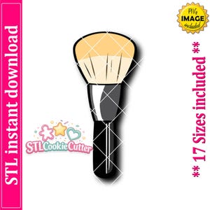 Può includere: Un'illustrazione digitale di un tagliabiscotti a forma di pennello da trucco con setole color marrone chiaro a ventaglio e un manico nero. Il design include il testo STL instant download, 17 Sizes included e STLCookieCutter.